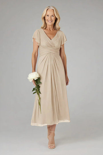 Akaks Adeline Champagne Colored Dresses for Mother of the Bride A-Line V-Neck Tea Length Ruffles Cap Sleeves Pleated Chiffon Dress Image303564