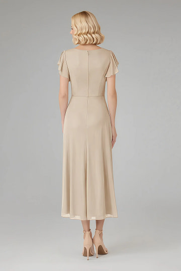 Akaks Adeline Champagne Colored Dresses for Mother of the Bride A-Line V-Neck Tea Length Ruffles Cap Sleeves Pleated Chiffon Dress Image716510