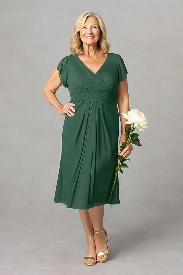 Akaks Adeline Dark Green Mother of the Bride Dress Plus Size A-Line V-Neck Tea Length Ruffles Cap Sleeves Pleated Chiffon Dress Image127508