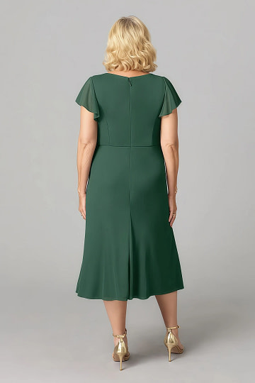 Akaks Adeline Dark Green Mother of the Bride Dress Plus Size A-Line V-Neck Tea Length Ruffles Cap Sleeves Pleated Chiffon Dress Image547437