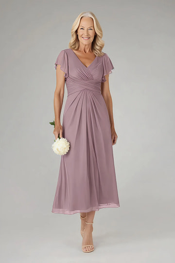 Akaks Adeline Dusty Rose Dress Mother of the Bride A-Line V-Neck Tea Length Ruffles Cap Sleeves Pleated Chiffon Dress Image255348