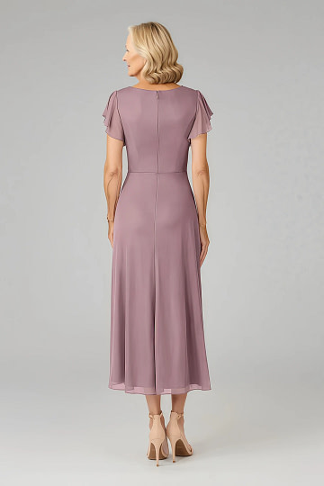 Akaks Adeline Dusty Rose Dress Mother of the Bride A-Line V-Neck Tea Length Ruffles Cap Sleeves Pleated Chiffon Dress Image363370