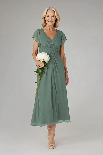 Akaks Adeline Eucalyptus Dress Mother of the Bride A-Line V-Neck Tea Length Ruffles Cap Sleeves Pleated Chiffon Dress Image424079