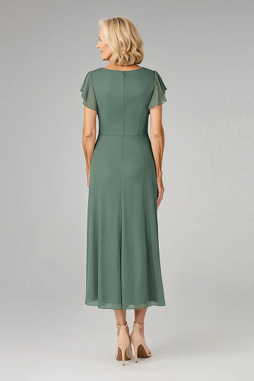 Akaks Adeline Eucalyptus Dress Mother of the Bride A-Line V-Neck Tea Length Ruffles Cap Sleeves Pleated Chiffon Dress Image860751
