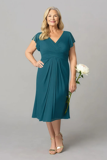 Akaks Adeline Ink Blue Slimming Plus Size Mother of the Bride Dresses A-Line V-Neck Tea Length Ruffles Cap Sleeves Pleated Chiffon Dress Image730356