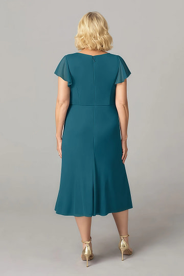 Akaks Adeline Ink Blue Slimming Plus Size Mother of the Bride Dresses A-Line V-Neck Tea Length Ruffles Cap Sleeves Pleated Chiffon Dress Image883643