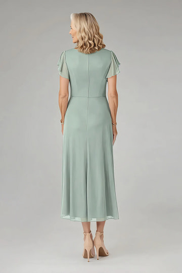 Akaks Adeline Light Green Mother of the Bride Dresses A-Line V-Neck Tea Length Ruffles Cap Sleeves Pleated Chiffon Dress Image822031