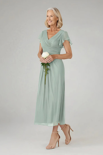 Akaks Adeline Light Green Mother of the Bride Dresses A-Line V-Neck Tea Length Ruffles Cap Sleeves Pleated Chiffon Dress Image930577