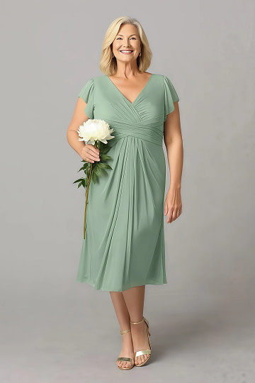 Akaks Adeline Matcha Mother of the Bride Plus Size Dresses A-Line V-Neck Tea Length Ruffles Cap Sleeves Pleated Chiffon Dress Image316289