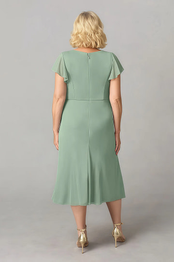 Akaks Adeline Matcha Mother of the Bride Plus Size Dresses A-Line V-Neck Tea Length Ruffles Cap Sleeves Pleated Chiffon Dress Image621355