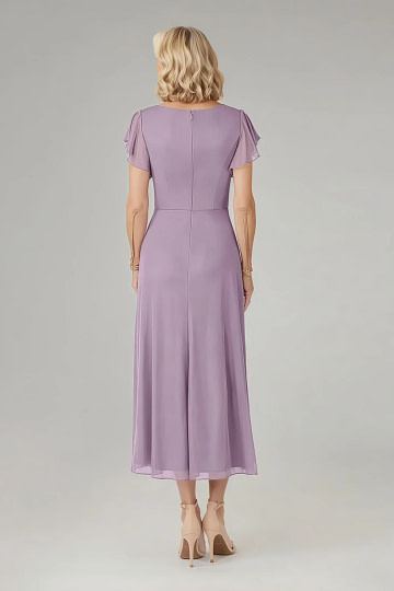 Akaks Adeline Mother of the Bride Dress Wisteria A-Line V-Neck Tea Length Ruffles Cap Sleeves Pleated Chiffon Dress Image122027