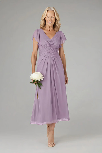 Akaks Adeline Mother of the Bride Dress Wisteria A-Line V-Neck Tea Length Ruffles Cap Sleeves Pleated Chiffon Dress Image425091