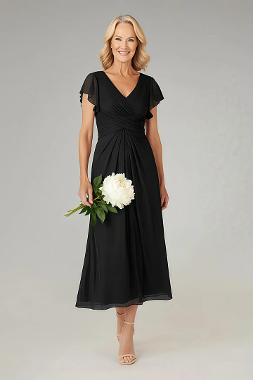Akaks Adeline Mother of the Bride Dresses Black A-Line V-Neck Tea Length Ruffles Cap Sleeves Pleated Chiffon Dress Image243376