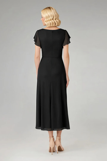 Akaks Adeline Mother of the Bride Dresses Black A-Line V-Neck Tea Length Ruffles Cap Sleeves Pleated Chiffon Dress Image769915