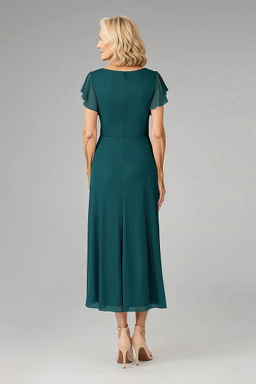 Akaks Adeline Mother of the Bride Dresses Peacock Blue A-Line V-Neck Tea Length Ruffles Cap Sleeves Pleated Chiffon Dress Image276656