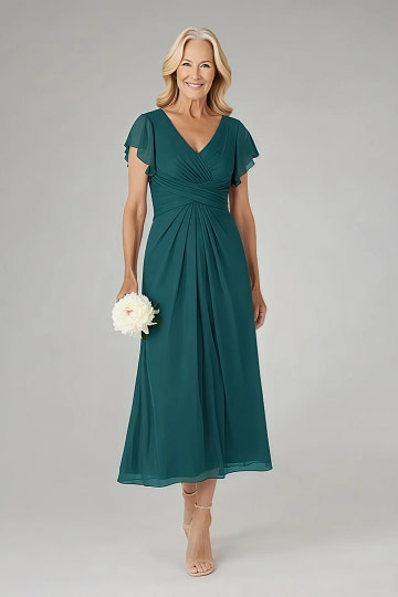 Akaks Adeline Mother of the Bride Dresses Peacock Blue A-Line V-Neck Tea Length Ruffles Cap Sleeves Pleated Chiffon Dress Image551250