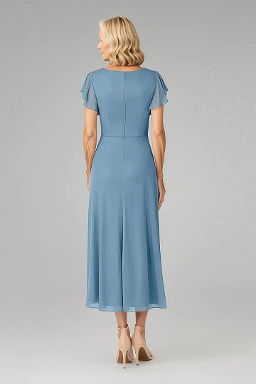 Akaks Adeline Mother of the Bride Dresses Steel Blue A-Line V-Neck Tea Length Ruffles Cap Sleeves Pleated Chiffon Dress Image451970