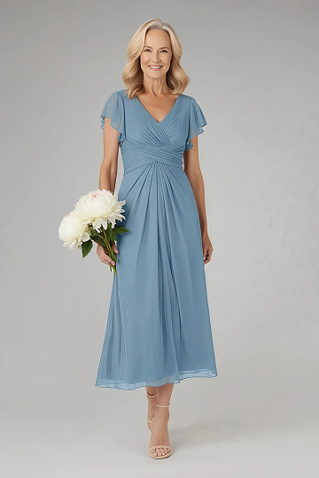 Akaks Adeline Mother of the Bride Dresses Steel Blue A-Line V-Neck Tea Length Ruffles Cap Sleeves Pleated Chiffon Dress Image596208