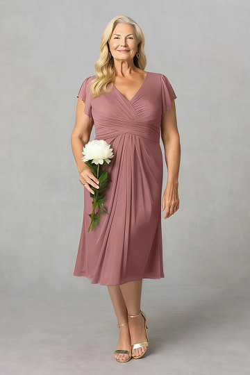 Akaks Adeline Mother of the Bride Plus Size Dresses Desert Rose A-Line V-Neck Tea Length Ruffles Cap Sleeves Pleated Chiffon Dress Image682590