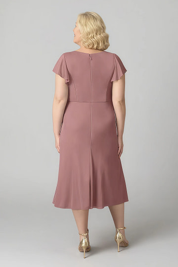 Akaks Adeline Mother of the Bride Plus Size Dresses Desert Rose A-Line V-Neck Tea Length Ruffles Cap Sleeves Pleated Chiffon Dress Image910502