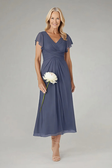 Akaks Adeline Mother of the Groom Dresses Stormy A-Line V-Neck Tea Length Ruffles Cap Sleeves Pleated Chiffon Dress Image318498