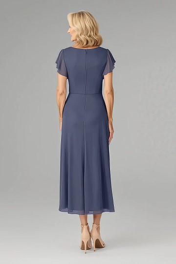 Akaks Adeline Mother of the Groom Dresses Stormy A-Line V-Neck Tea Length Ruffles Cap Sleeves Pleated Chiffon Dress Image630321