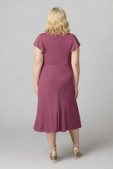 Akaks Adeline Mulberry Plus Size Formal Mother Of The Bride Dresses A-Line V-Neck Tea Length Ruffles Cap Sleeves Pleated Chiffon Dress Image669673