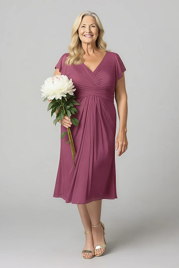 Akaks Adeline Mulberry Plus Size Formal Mother Of The Bride Dresses A-Line V-Neck Tea Length Ruffles Cap Sleeves Pleated Chiffon Dress Image708338