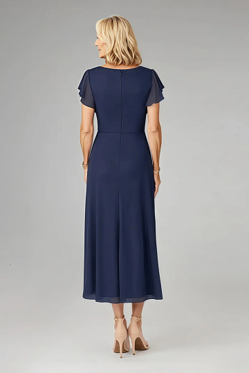 Akaks Adeline Navy Mother of the Bride Dress A-Line V-Neck Tea Length Ruffles Cap Sleeves Pleated Chiffon Dress Image346344