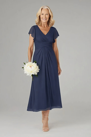 Akaks Adeline Navy Mother of the Bride Dress A-Line V-Neck Tea Length Ruffles Cap Sleeves Pleated Chiffon Dress Image727708
