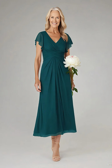 Akaks Adeline Pine Green Mother of the Bride Dress A-Line V-Neck Tea Length Ruffles Cap Sleeves Pleated Chiffon Dress Image430933