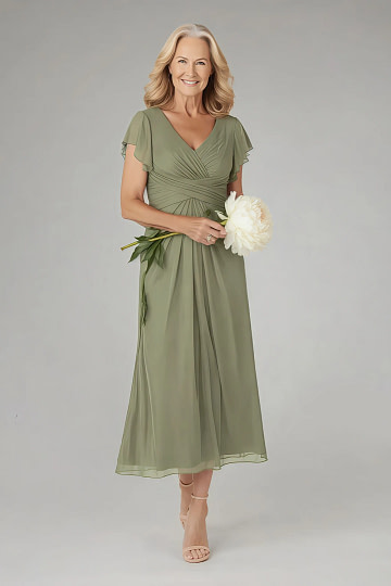 Akaks Adeline Pistachio Green Mother of the Bride Dress A-Line V-Neck Tea Length Ruffles Cap Sleeves Pleated Chiffon Dress Image279086