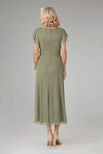 Akaks Adeline Pistachio Green Mother of the Bride Dress A-Line V-Neck Tea Length Ruffles Cap Sleeves Pleated Chiffon Dress Image639689