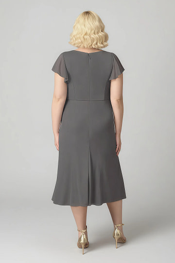 Akaks Adeline Plus Size Mother of the Bride Dress Dark Grey A-Line V-Neck Tea Length Ruffles Cap Sleeves Pleated Chiffon Dress Image278349
