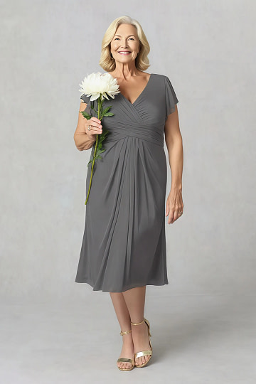Akaks Adeline Plus Size Mother of the Bride Dress Dark Grey A-Line V-Neck Tea Length Ruffles Cap Sleeves Pleated Chiffon Dress Image527434