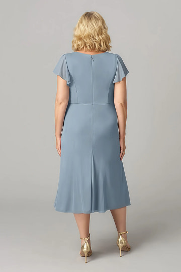 Akaks Adeline Plus Size Mother of the Bride Dresses Dusty Blue A-Line V-Neck Tea Length Ruffles Cap Sleeves Pleated Chiffon Dress Image180626
