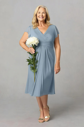 Akaks Adeline Plus Size Mother of the Bride Dresses Dusty Blue A-Line V-Neck Tea Length Ruffles Cap Sleeves Pleated Chiffon Dress Image200630