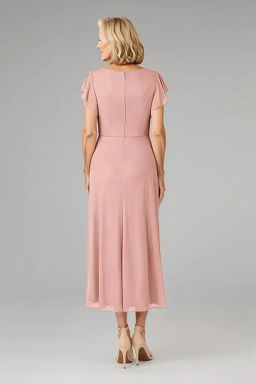 Akaks Adeline Rosette Mother Of The Bride Dress A-Line V-Neck Tea Length Ruffles Cap Sleeves Pleated Chiffon Dress Image136876