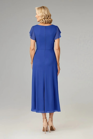 Akaks Adeline Royal Blue Dresses for Mother of the Bride A-Line V-Neck Tea Length Ruffles Cap Sleeves Pleated Chiffon Dress Image248063
