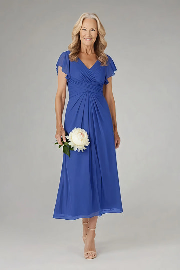 Akaks Adeline Royal Blue Dresses for Mother of the Bride A-Line V-Neck Tea Length Ruffles Cap Sleeves Pleated Chiffon Dress Image585032