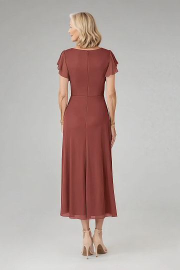 Akaks Adeline Rust Colored Mother of the Bride Dress A-Line V-Neck Tea Length Ruffles Cap Sleeves Pleated Chiffon Dress Image282541