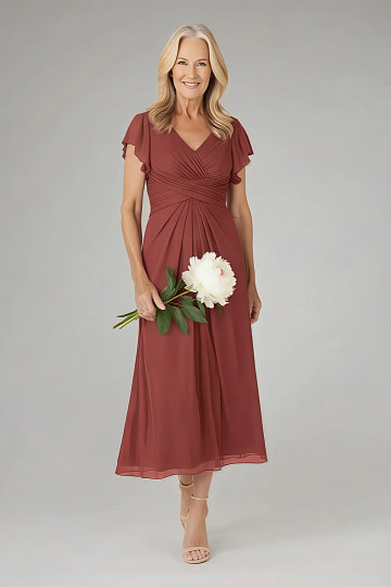 Akaks Adeline Rust Colored Mother of the Bride Dress A-Line V-Neck Tea Length Ruffles Cap Sleeves Pleated Chiffon Dress Image504920