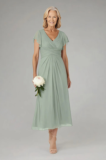Akaks Adeline Sage Green Mother Of The Groom Dress A-Line V-Neck Tea Length Ruffles Cap Sleeves Pleated Chiffon Dress Image321960