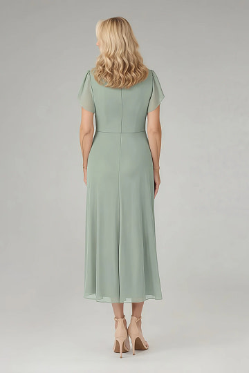 Akaks Adeline Sage Green Mother Of The Groom Dress A-Line V-Neck Tea Length Ruffles Cap Sleeves Pleated Chiffon Dress Image603367