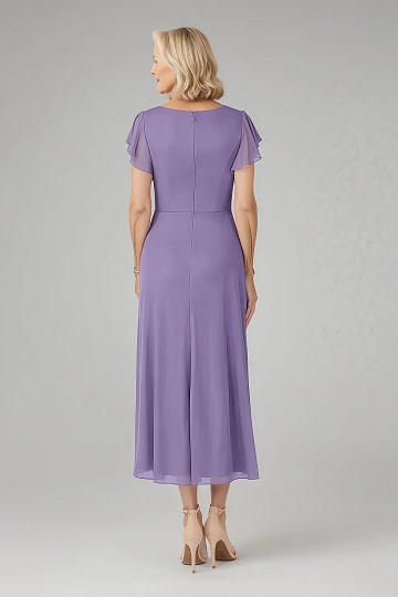 Akaks Adeline Tahiti Mother of the Bride Dresses in Chiffon A-Line V-Neck Tea Length Ruffles Cap Sleeves Pleated Dress Image197212