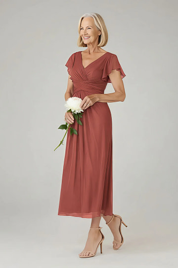 Akaks Adeline Terracotta Mother Of The Bride Dress A-Line V-Neck Tea Length Ruffles Cap Sleeves Pleated Chiffon Dress Image316213