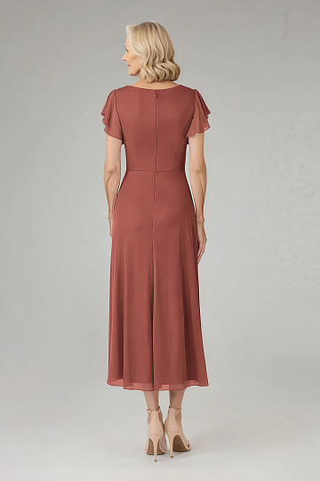 Akaks Adeline Terracotta Mother Of The Bride Dress A-Line V-Neck Tea Length Ruffles Cap Sleeves Pleated Chiffon Dress Image652847