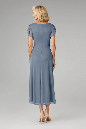 Akaks Adeline Twilight Mother of the Groom Dresses Tea Length A-Line V-Neck Ruffles Cap Sleeves Pleated Chiffon Dress Image454968