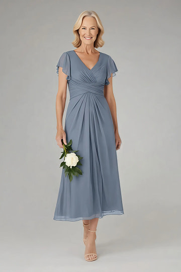 Akaks Adeline Twilight Mother of the Groom Dresses Tea Length A-Line V-Neck Ruffles Cap Sleeves Pleated Chiffon Dress Image485301