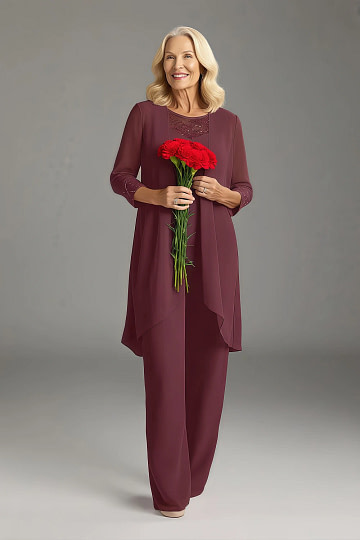 Akaks Adriana Cabernet Color Mother of the Bride Dress Pant Suits Scoop Neck Sequins Chiffon Dress Image303797